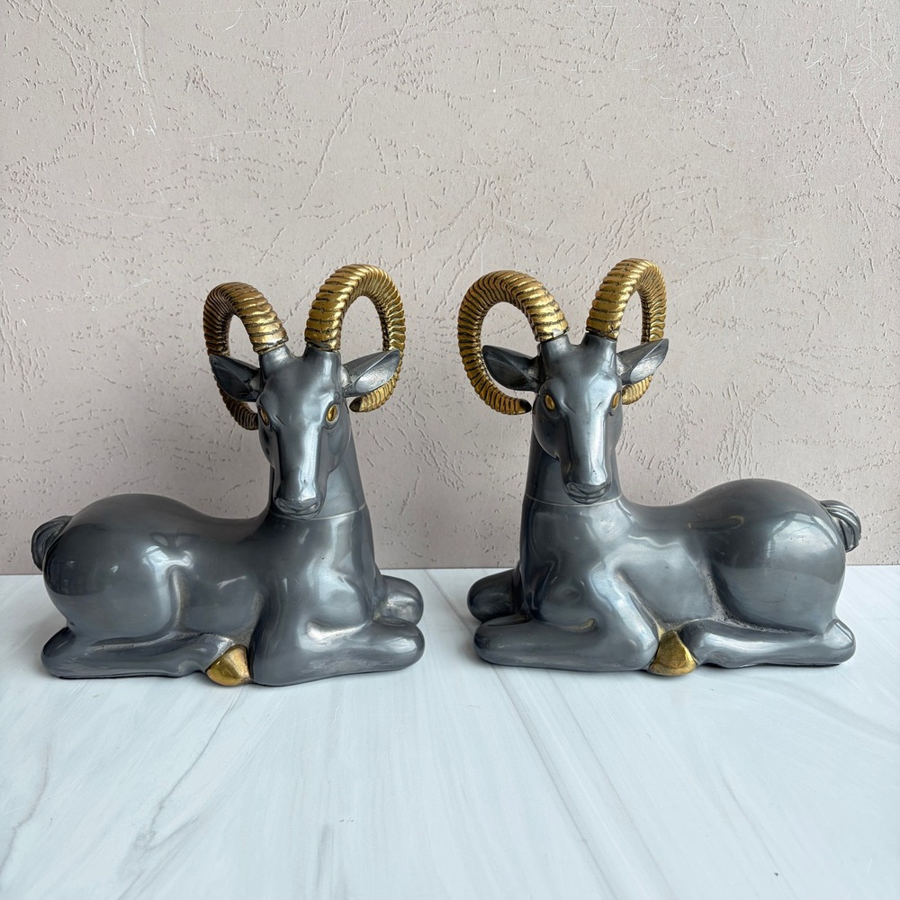 Vintage Ram Bookends Pair Gunmetal Grey Gold Horns Hollywood Regency Decor